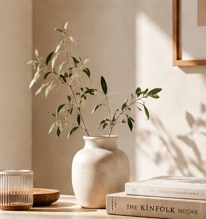 Sunlit interior with a ceramic vase, green branches, glassware, and a light wood table