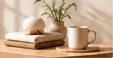 Folded linen, ceramics, and a mug on a wood surface