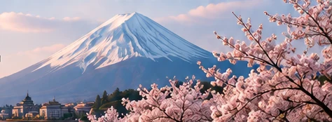 Mount Fuji with Japanese architecture and pink cherry blossoms