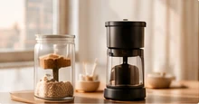 Coffee maker, kitchen jars, and glassware