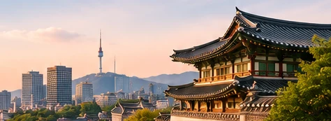 Seoul skyline with Namsan Seoul Tower and traditional Korean palace architecture