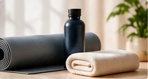 Exercise mat, reusable bottle, and folded towel